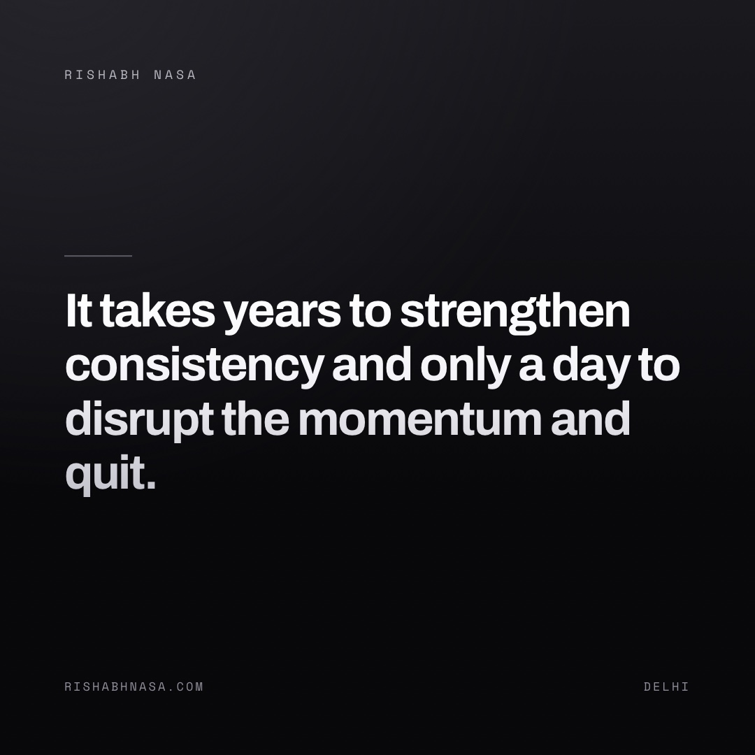 Shareable card: “It takes years to strengthen consistency and only a day to disrupt the momentum and quit.”